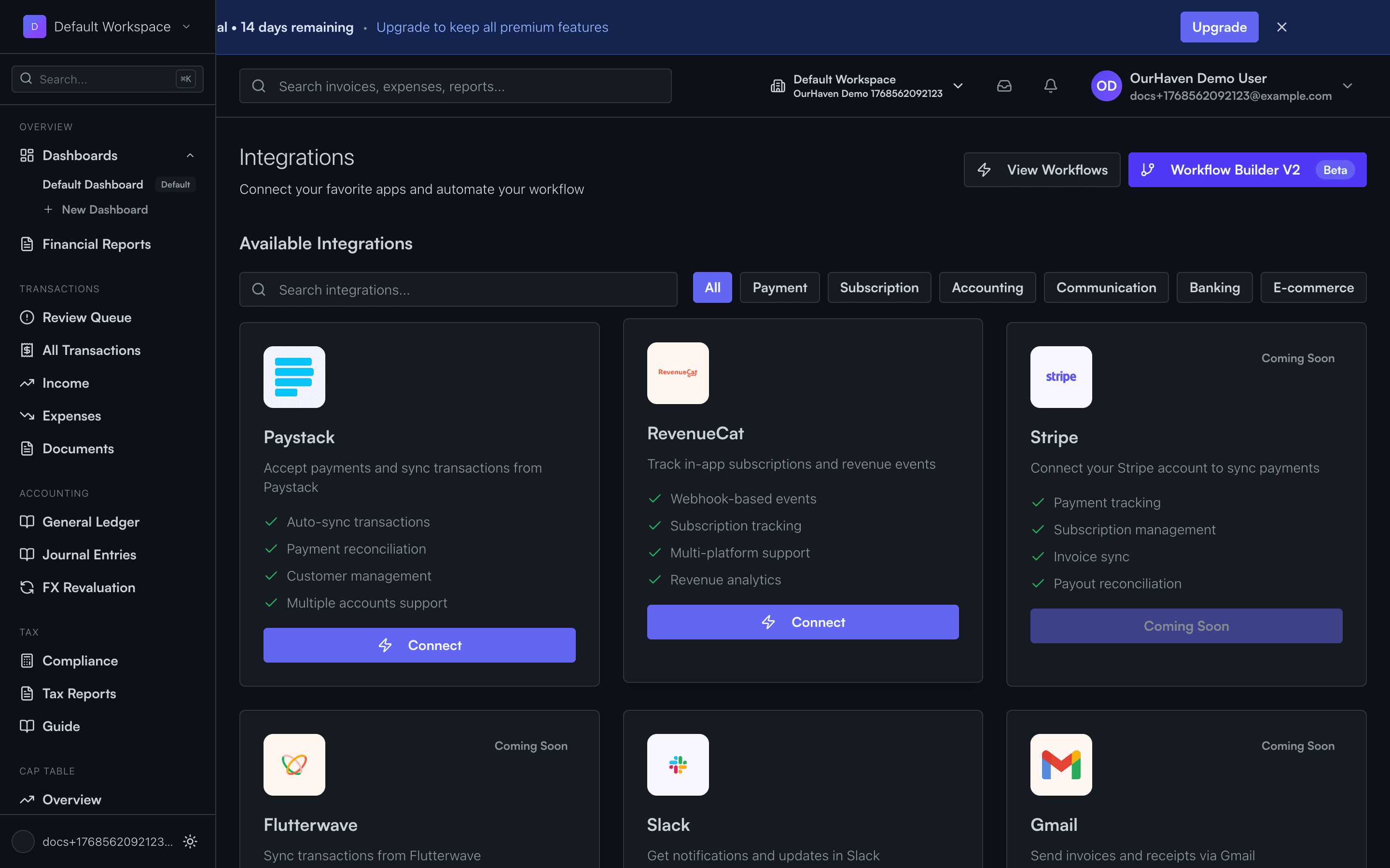 Integrations page showing connected payment providers