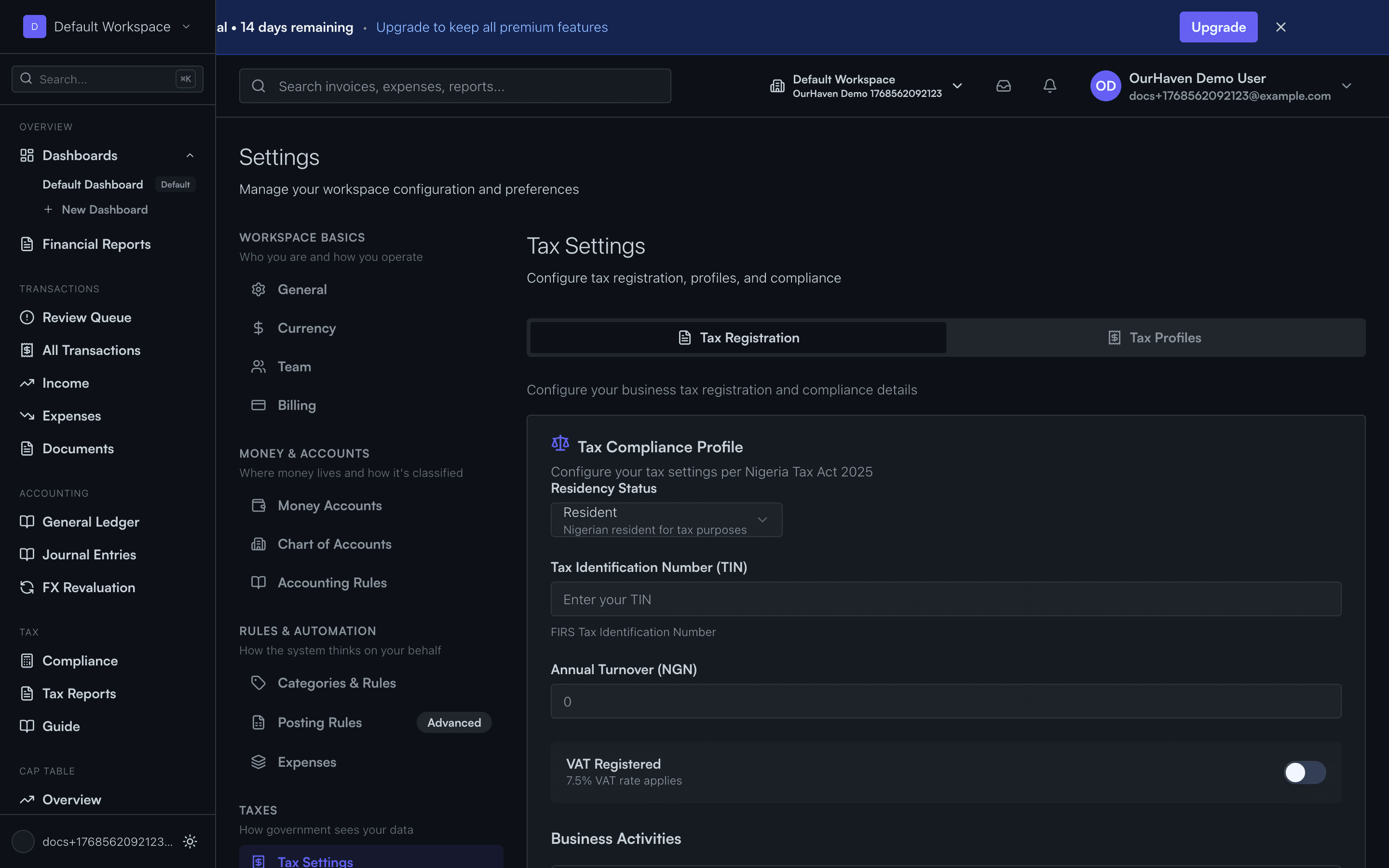 Tax settings page with jurisdiction configuration