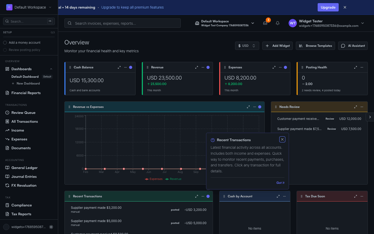 Acctally dashboard with real-time financial widgets
