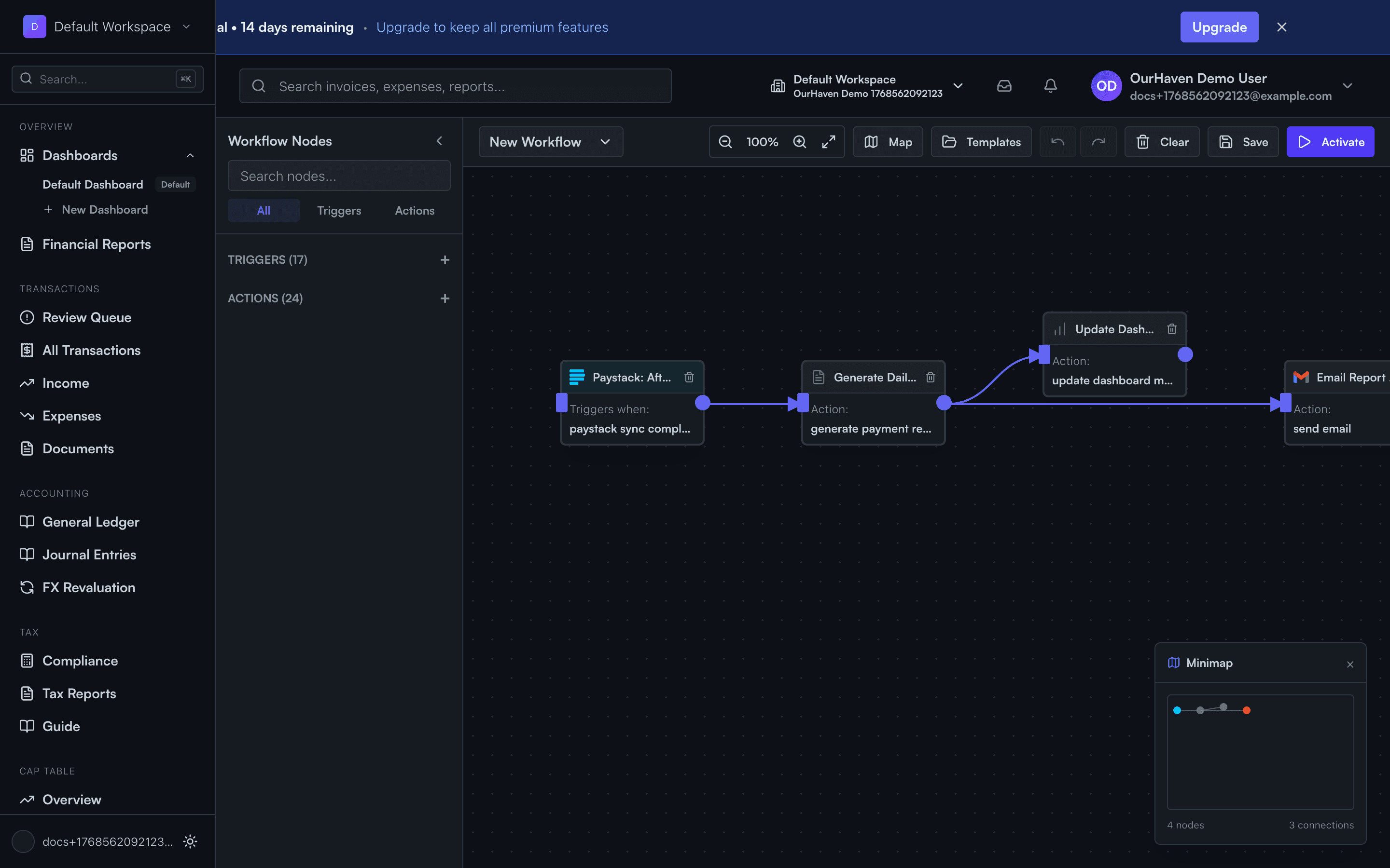 Visual workflow builder with connected automation nodes